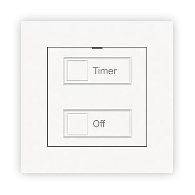 Hvid trådløs timer-kontakt med knapper mærket 'Timer' og 'Off' på en cremefarvet baggrund.