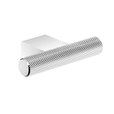 Beslagsboden greb i krom, 60 mm, med cylindrisk riflet håndtag og firkantet monteringsfod, set skråt forfra.