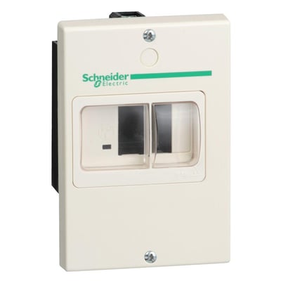 Schneider Electric IP55 kapsling med logo og mærkat, der viser vinduer til knapper og tydelig IP-klassificering.