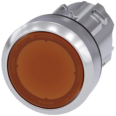 Siemens SIRIUS ACT 22mm rund trykknap med højglans metalring og flad, oplyst orange betjeningsflade.