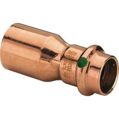 Nærbillede af Viega Profipress 35x28mm reduktion, kobber, med synlig SC Contur presring og grøn indikator.