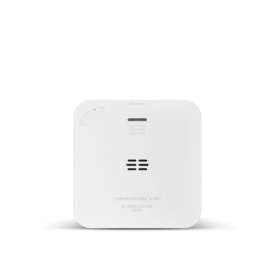 Hvid Housegard Luma kuliltealarm set forfra med testknap, indikatorlys og lydåbninger.