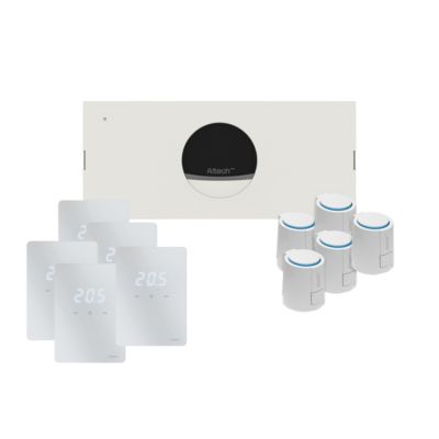 Pettinaroli Pro Komp 5 Z gulvvarmesystem med styreboks, 5 hvide LED rumtermostater og 5 telestater.