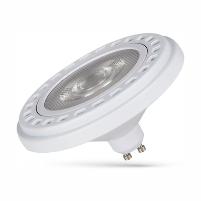 SpectrumLED GU10 AR111 LED-pære i hvid med bred reflektor og to GU10-stifter, 20 W og 2700 K.