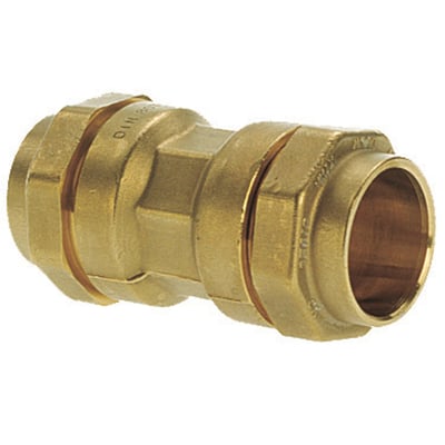 Isiflo samlemuffe 16 mm i messing med PN16 trykklasse, vist med blank poleret overflade på hvid baggrund.