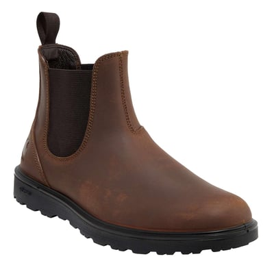 Brun Carhartt Greenfields 2 Chelsea-støvle i str. 38 med elastiske sidepaneler og sort sål, set skråt forfra.