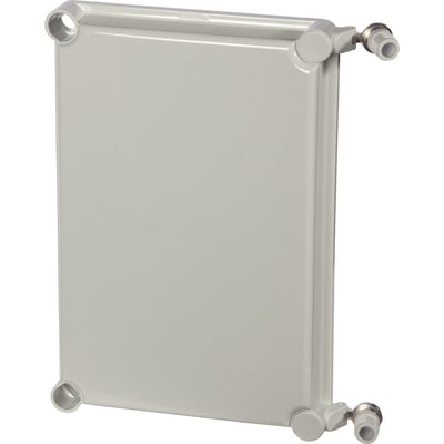 Gråt Fibox EKJ dæksel i polycarbonat med hængsler og monteringsdetaljer i siderne, 190 x 280 mm.