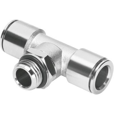 Festo T-forskruning NPQM-T-G14-Q10-P10 med push-in tilslutning og G1/4 gevind i blank metal på hvid baggrund.