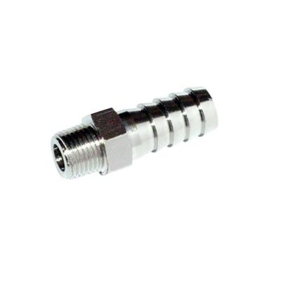 Nærbillede af Flowconcept slangestuds i forniklet messing, viser 6mm slangestuds og 1/2" BSPP gevind på en lys baggrund.