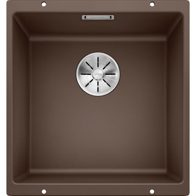 Blanco SUBLINE 400-U køkkenvask i kaffebrun silgranit, vist ovenfra med detaljer om InFino afløb og InFino afbryder.