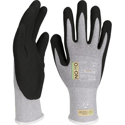 Bagside af Boisen Safety Recycle Comfort 16300 handske med mærkater for OekoTex og genbrugsmaterialer.