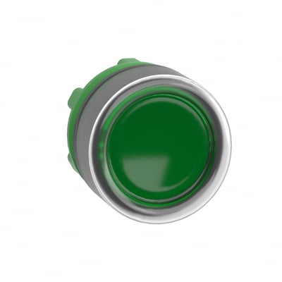 Top view af Schneider Electric grønt lampetrykhoved med sølvfarvet kant og sort bagmontering, præsenteret på hvid baggrund.