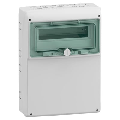 Schneider Electric Kaedra kapsling, hvid, 1x13 moduler, uden åbninger, med grøn transparent låge og lås.