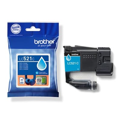 Brother LC521C cyan blækpatron med blå emballage; patronen ses ved siden af pakken.