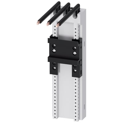 Siemens 8US2 busbarsystemadapter, 3-polet og 32 A, med tre sorte forbindelsesledninger med kobberender, monteret på skinner.