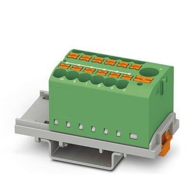 Phoenix Contact Ptfix 6/12X2,5-NS35 GN fastfordelingsblok i grøn med orange klemmer og NS35 DIN-skinne montering.