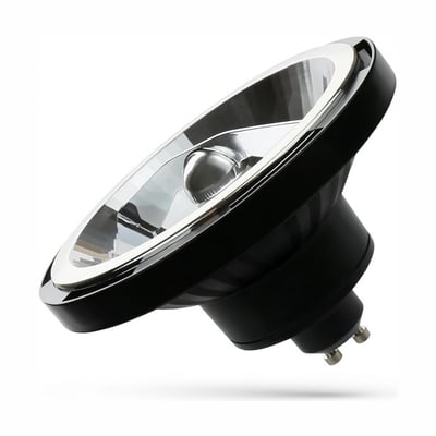 SpectrumLED GU10 LED-spot i AR111-format med sort hus, 10 W og 3000 K, set skråt med reflektor og fatning synlige.