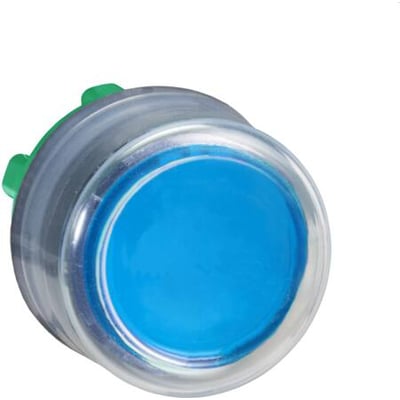 Schneider Electric ZB5AP6 trykknap i blå med silikonekappe, 22mm diameter, vist forfra mod hvid baggrund.
