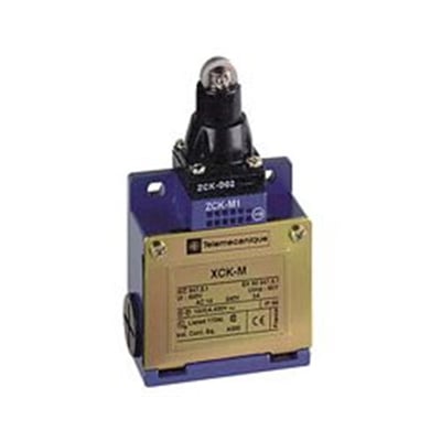 Frontvisning af Schneider Electric XCK-M endestop i metal med tydeligt mærket kontakttype og certificeringer.