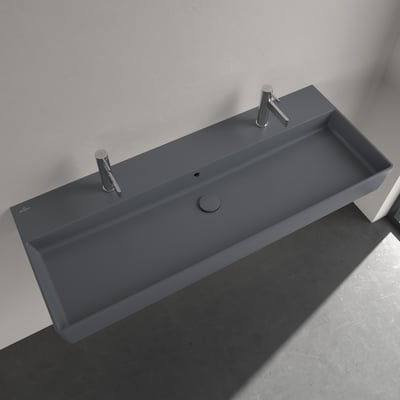 Oversigtsbillede af Villeroy & Boch Memento 2.0 håndvask i grå, 120cm, med fokus på den firkantede udformning og overløb.