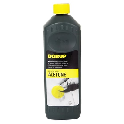 Borup kemisk ren acetone flaske med gul prop og et sort label med hvid skrift, viser en hånd der tørrer en rund plet væk.