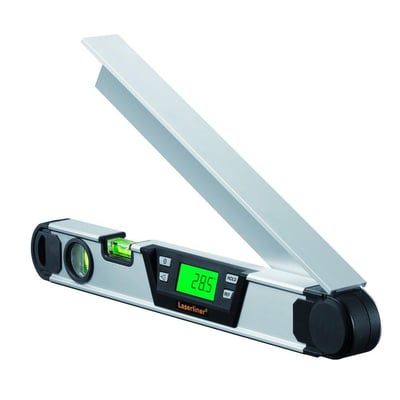 Digital vinkelmåler fra Laserliner, model Arcomaster 60, med grønt, belyst display der viser 28.5 grader og knapper til hold og ref.