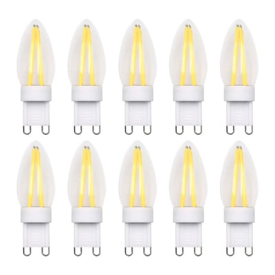 Ti pærer af LEDlife G9 2W filament LED pære med klar glas og to gule lysstrenger, sat op på hvid baggrund.