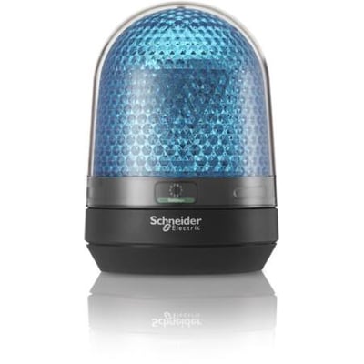 Schneider Electric XVR3 signallampe Ø100mm i blå, 230VAC, med LED lys og stødsikker gummi base på hvid baggrund.