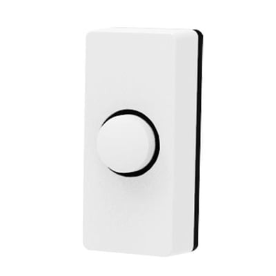 Fortrådet dørtryk i hvid plast med en rund, hvid trykknap centreret på forsiden.