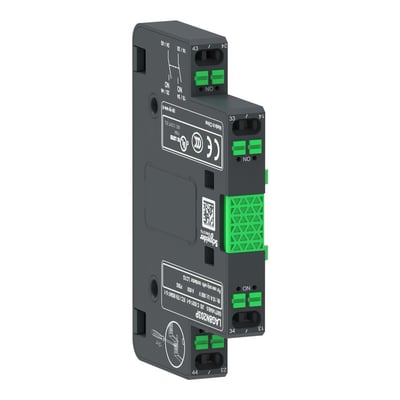 Detaljeret billede af Schneider Electric hjælpekontakt, der viser de grønne fjederklemmer og mærkning med kontakttype 2NO på en mørk baggrund.