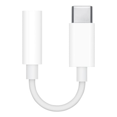 Apples hvide USB-C til 3,5 mm jack-adapter med en kabellængde på 0,10 meter, isoleret på hvid baggrund.