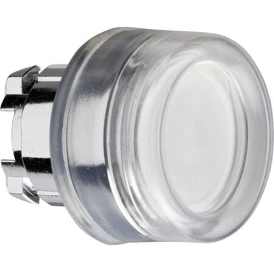 Schneider Electric lampetrykshoved i hvid plast med klar linse og et 22mm metalbeslag på bagsiden for nem montering.