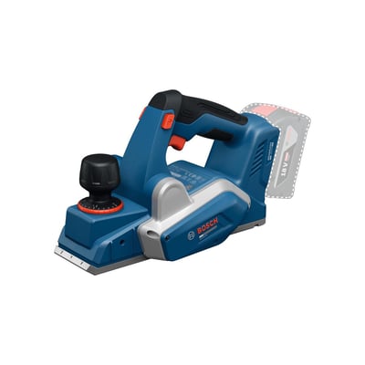 Bosch PRO GHO18V-20 batteridrevet elhøvl i blå og sort, set skråt forfra med dybdejusteringsknap og håndtag.