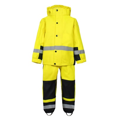Lyngsøe Rainwear LR552 regnsæt til børn, str. 6 år, i gul og navy med hætte og refleksbånd.