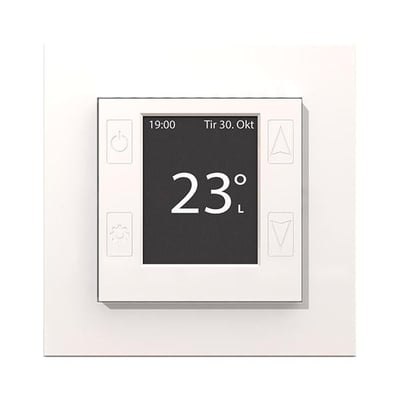 mTouch One termostat og regulator i hvid med digitalt display, der viser 23 grader og klokkeslæt.