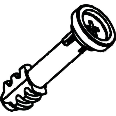 Skematisk tegning af en grå Fibox kærvskrue SS12136 med ribbet gevind og kærv i hovedet.