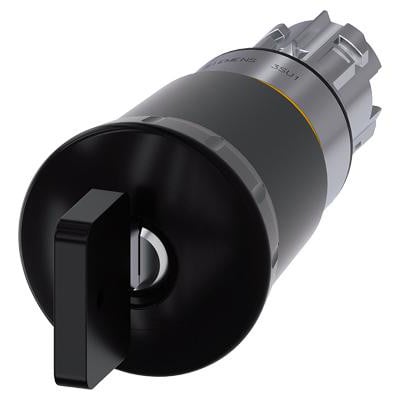 Siemens rund paddetrykknap med CES lås, 22 mm, i skinnende sort metal og med nøglebetjent frigivelse.