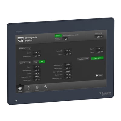 Schneider Electric Magelis GTU HMI touchscreen panel med 12" widescreen WVGA-skærm, viser køleenhedsovervågning og indstillinger.