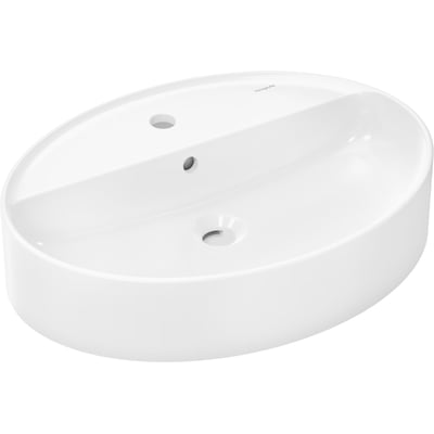 Top-view af en oval, hvid Hansgrohe Xuniva D håndvask i blank porcelæn med hanehul og overløb, isoleret på hvid baggrund.