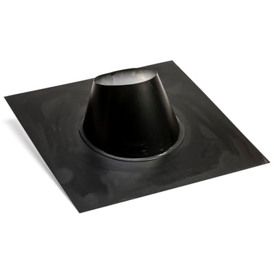 Metalbestos sort aluminium taginddækning til skorsten med 250mm rørdiameter og 33-46° hældning, vist på hvid baggrund.