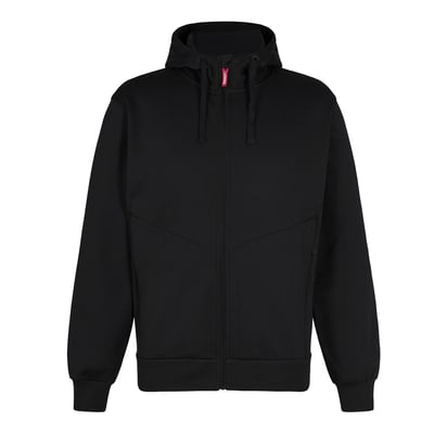 Sort Engel sweatshirt med hætte i størrelse 2XL, med gennemgående lynlås og elastik ved ærmer og bund.