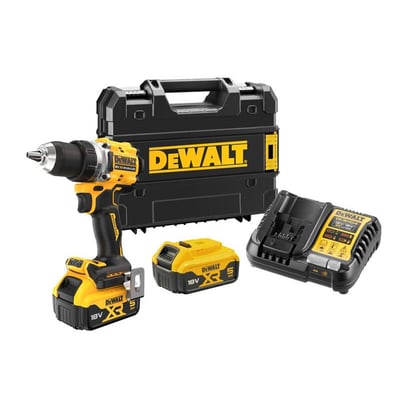 Komplet DeWalt 18V XR boremaskine sæt med 2 stk. 5,0 Ah batterier, oplader og TSTAK kuffert samlet.