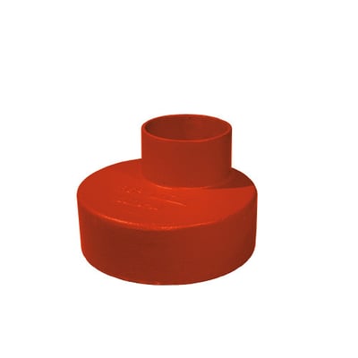 Rødt støbejernsreduktionsrør til spildevand, dimension 70 x 50 mm, vist på hvid baggrund uden muffe.