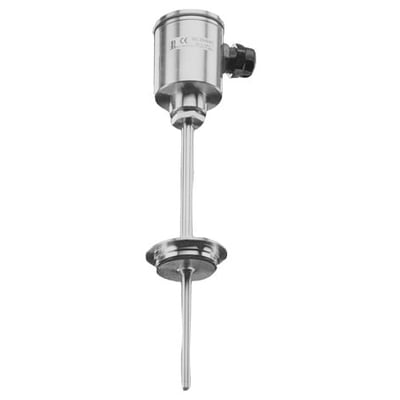 Siemens PT100 modstandstermometer 7MC8005-5CB10-1EF0 med rustfrit stål tilslutningshus og clamp fitting, klar til brug.