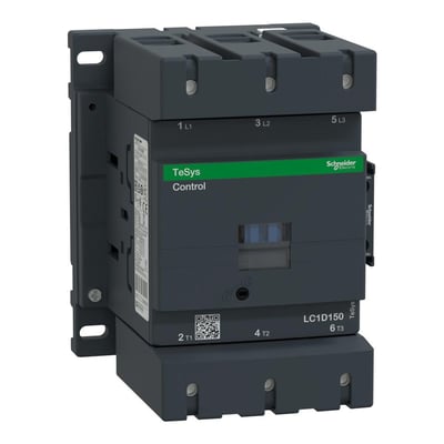 Schneider Electric TeSys D 150A kontaktor, 24V DC spole, 3-polet, med skrueterminaler og tydelig mærkning af poler og QR-kode.