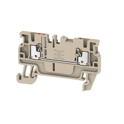 Enkel Weidmüller gennemgangsklemme A2C i beige, 1,5 mm², med push-in-tilslutning og monteringsfod.
