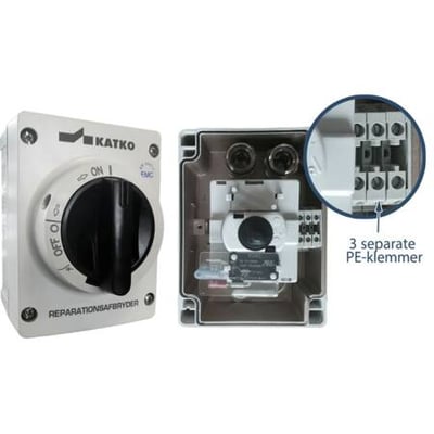 Katko EMC reparationsafbryder 3P+1, 63A i grå/sort, vist åben og lukket, med detaljeret visning af 3 separate PE-klemmer.