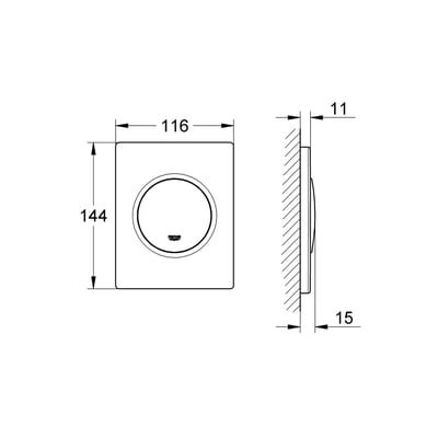 Teknisk tegning af Grohe Novo Cosmopolitan betjeningsplade til urinal, viser mål 116x144 mm og 11/15 mm dybde.