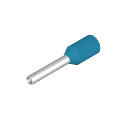 Enkel lyseblå Weidmüller isoleret endetylle i 3D-visning, der viser dens koniske form og metalindføring.
