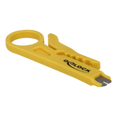 DeLock insertion tool og kabelstripper i gul plast med sort logo, der bruges til at strippe kabler og indsætte ledninger i stik.